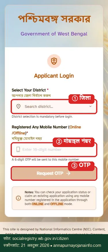मोबाइल पर आवेदन स्टेटस देखने के लिए जिला, मोबाइल नंबर और ओटीपी