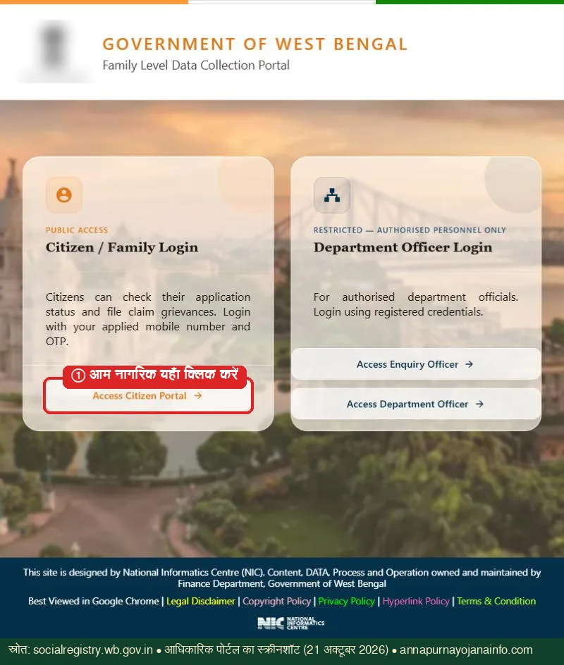 पश्चिम बंगाल सरकार का Family Level Data Collection Portal (socialregistry.wb.gov.in), जहां से आवेदन की स्थिति देखी जाती है